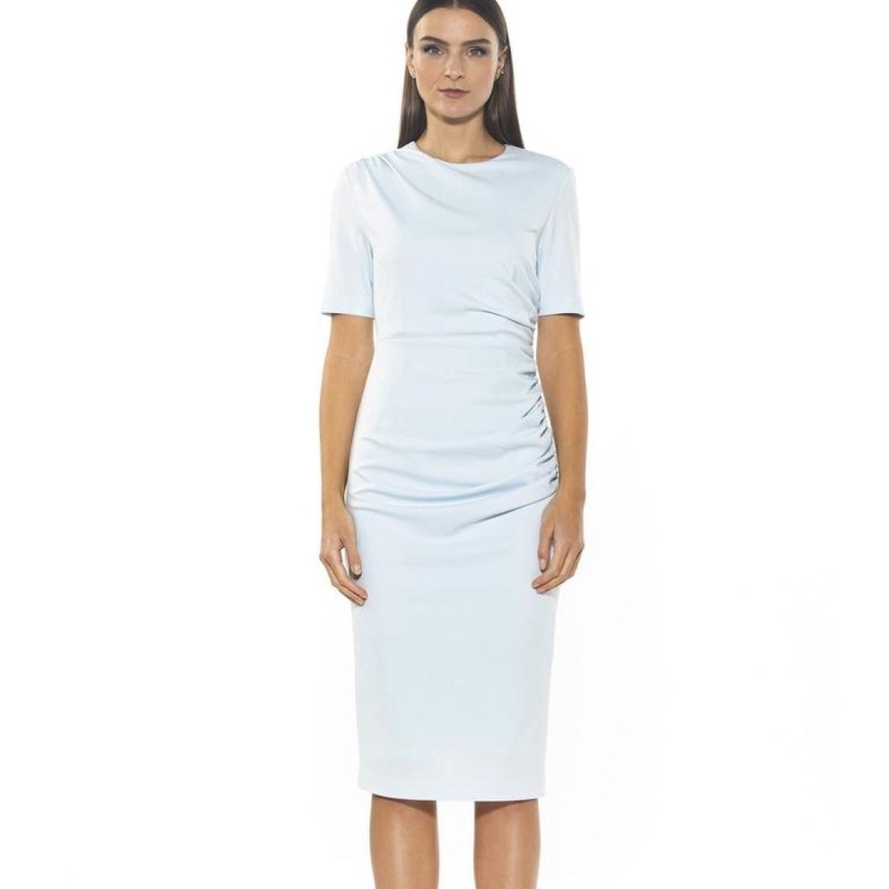New ALEXIA ADMOR Cataleya Crewneck Draped Sheath Dress in Halogen Blue Sz Small